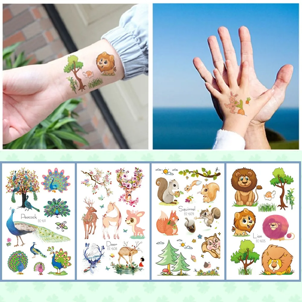 12 kinds Cartoon Animals Temporary Tattoo Stickers for Kids Lion Giraffe Elephant Fox Peacock Deer Otters tatouage temporaire