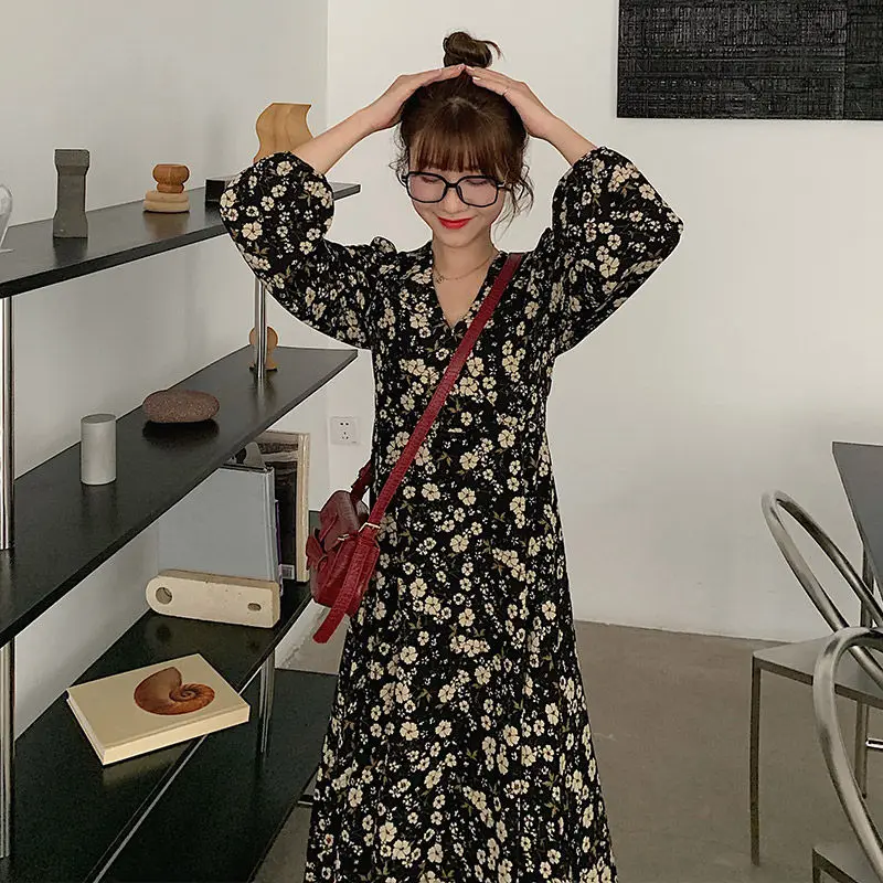 Long Sleeve Dress for Women Floral Vintage Designer Korean Style Street Vestidos Y2k Autumn Chic Mid-calf Casual BF Femme Tender