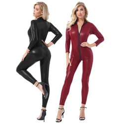 Women Crotchless Patent Leather Plaid Bodysuit Jumpsuit Club Costume Long Sleeve Zipper Open Crotch Skinny Catsuit with G-string