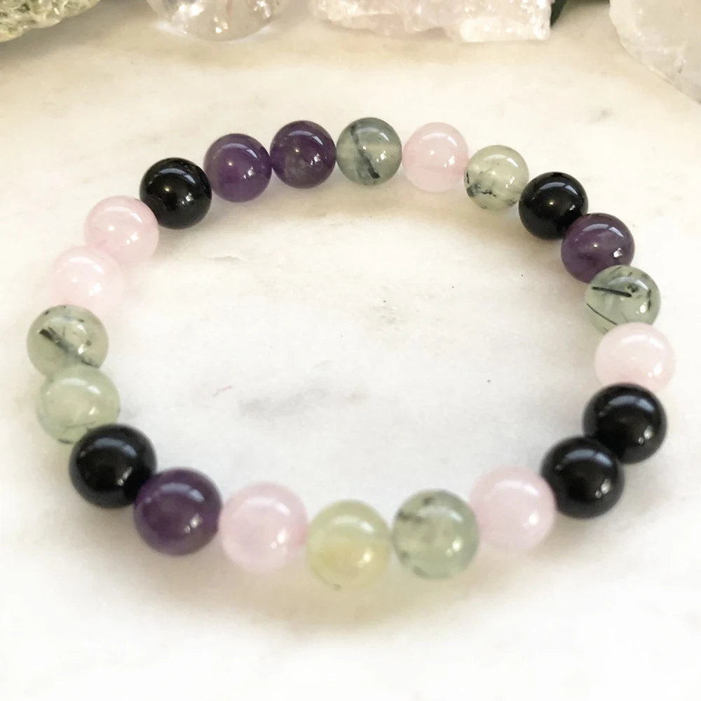 MG0872 8 MM A Grade Black Tourmaline Prehnite Bracelet Women`s Rose Quartz Energy Power Bracelet Best Gift for Mother`s Day