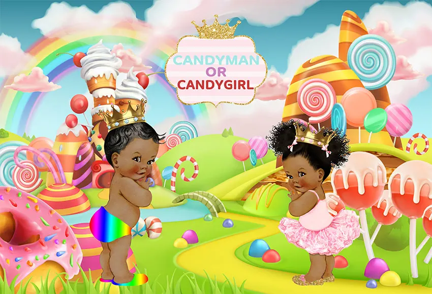 Avezano-Fondo de fotografía para niño o niña, telón de fondo con diseño de Piruleta de arcoíris y tierra de caramelo, para fiesta de revelación de género, decoración de fondo fotográfico