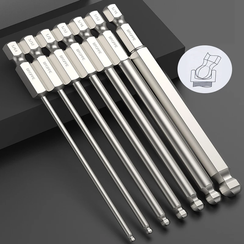 

7Pcs 100mm SAE Ball End Hex Screwdriver Bits Set 5/64-5/16 Inch S2 Alloy Steel Magnetic Ball Head Driver Bit