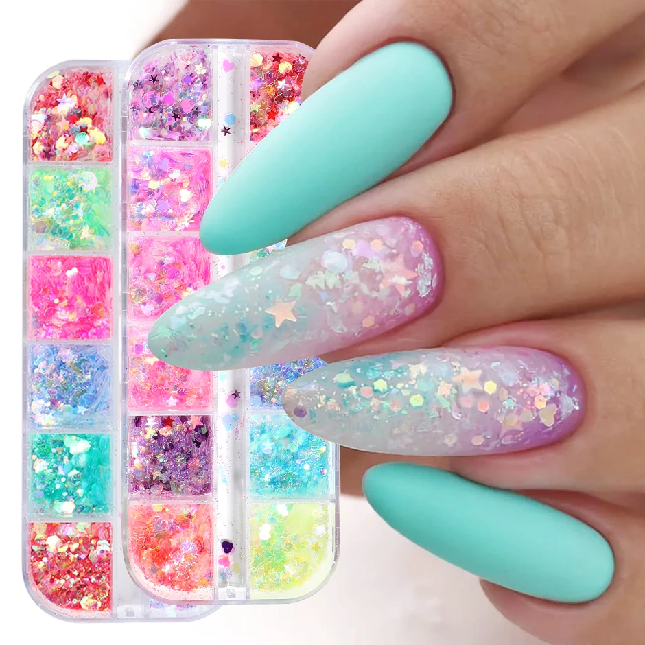 Sparkle Aurora Holographics Glitter Flakes Nail Decoration Iridescent Star Heart Design Sticker Colorful Sequin Manicure FBJX04