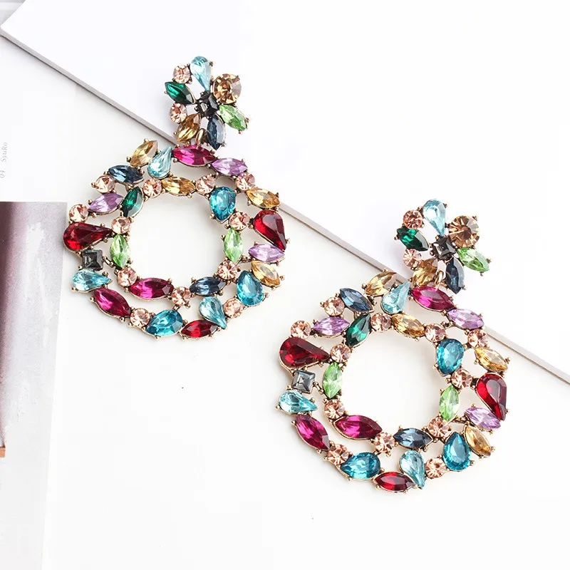 Fashion Rainbow Multi Color Rhinestone Dangle Earrings for Women Luxury Bohemian Colorful Glass Drop Earring Jewelry