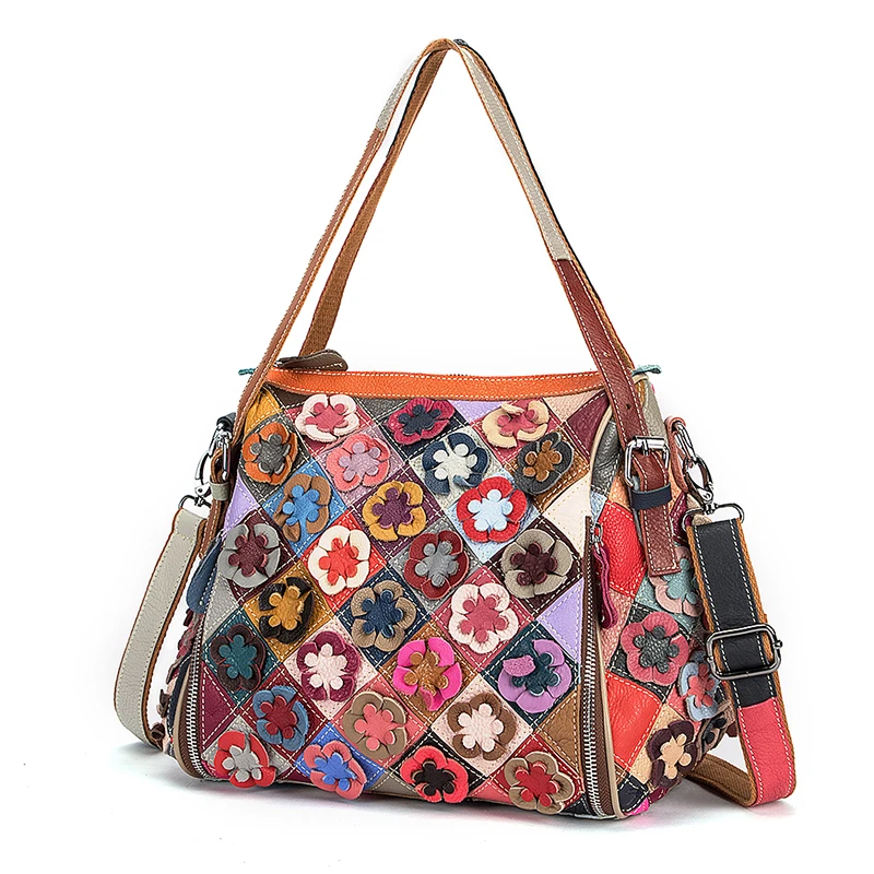 New Multi-Colorful Real Leather Luxury Brand Ladies Flower Shopper Purse Handbag Over The Shoulder bag Women Design Tote bag 625