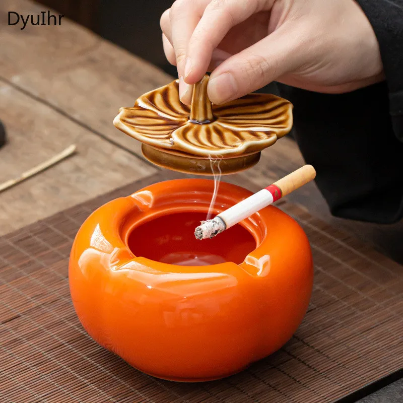 DyuIhr creative simulation persimmon ashtray ceramic crafts with cover anti-fly ash office supplies ashtray home decoration