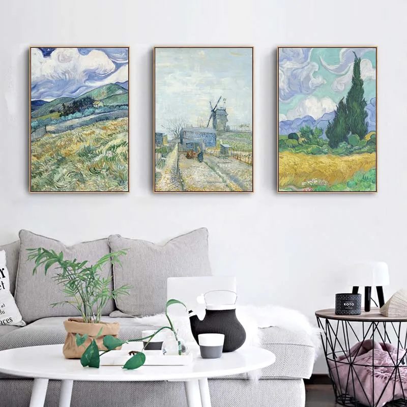 Van Gogh Wheat Field Landscape Canvas Painting Green Ldyllic Scenery Wall Art Posters Famous Oil Painting for Living Room Decor