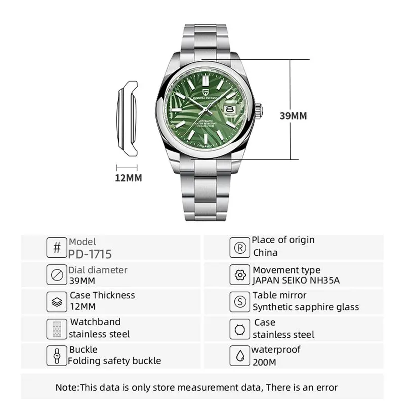 2023 PAGANI DESIGN Palm leaf Mechanical Wristwatch Luxury Automatic watch for men Sapphire mirror NH35A 20Bar waterproof Clock