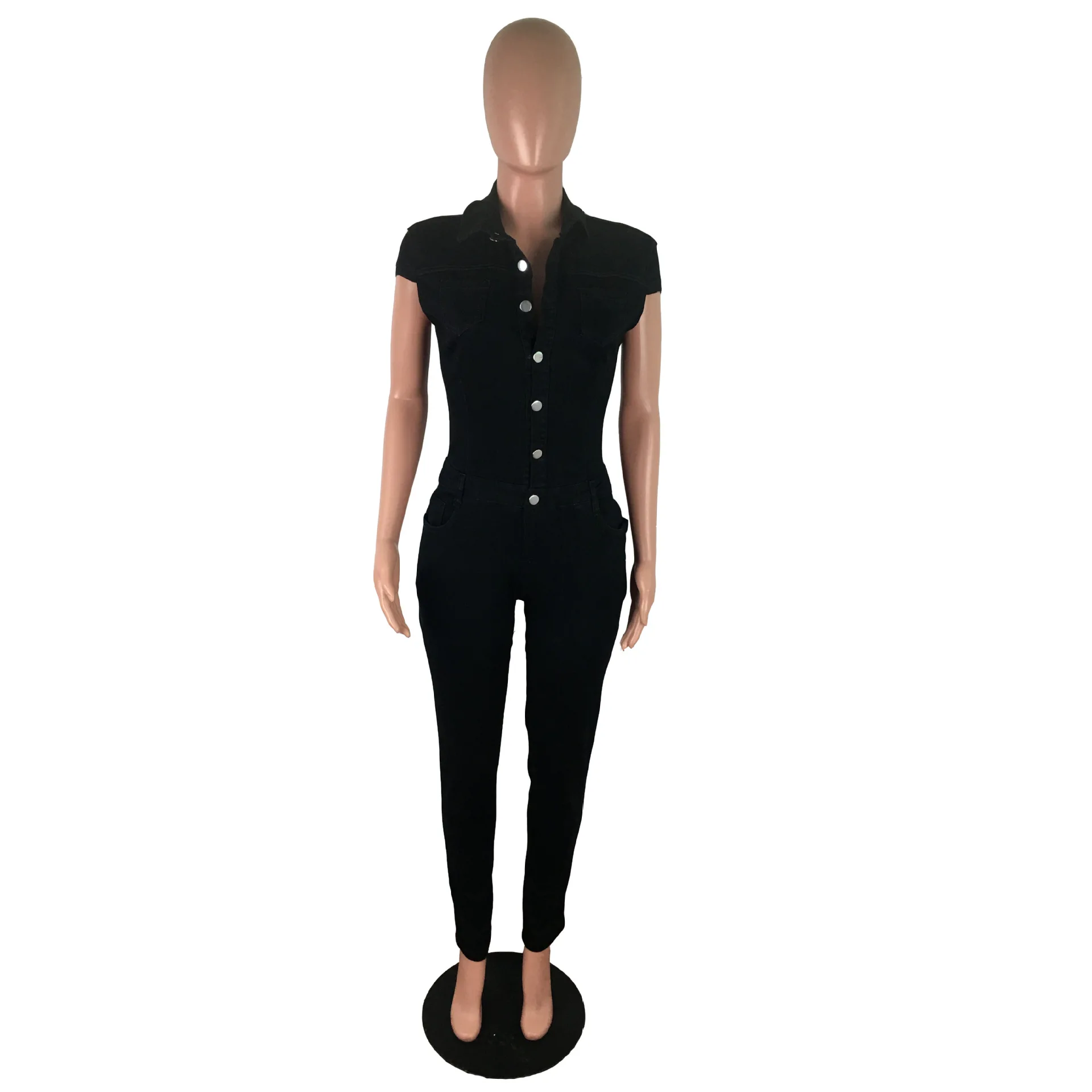 Preto jeans macacão feminino casual turn down collar manga curta denim macacão mulher moda único-breasted uma peça bodysuit