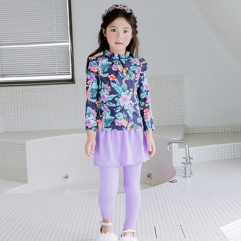 Girl Two Pieces Suit 3-11 Year Children Long Sleeve Skirt Swimsuit 2021 Kid Cute Flower Print Swimwear Baby Bathing Suit