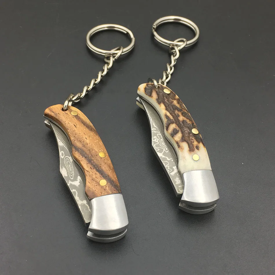 Mini Key Ring Utility Pocket Folding Damascus Steel Knife Customized Wooden Antler Horn Handle