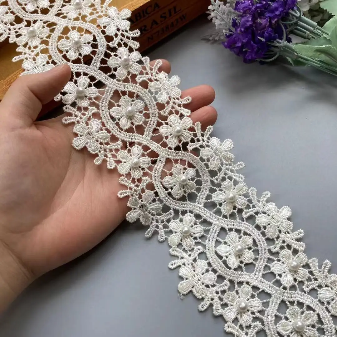 3 Yard Ivory Pearl Flower Embroidered Lace Edge Trim Ribbon Applique Sewing Craft For Crochet Wedding Bridal Dress Clothes New