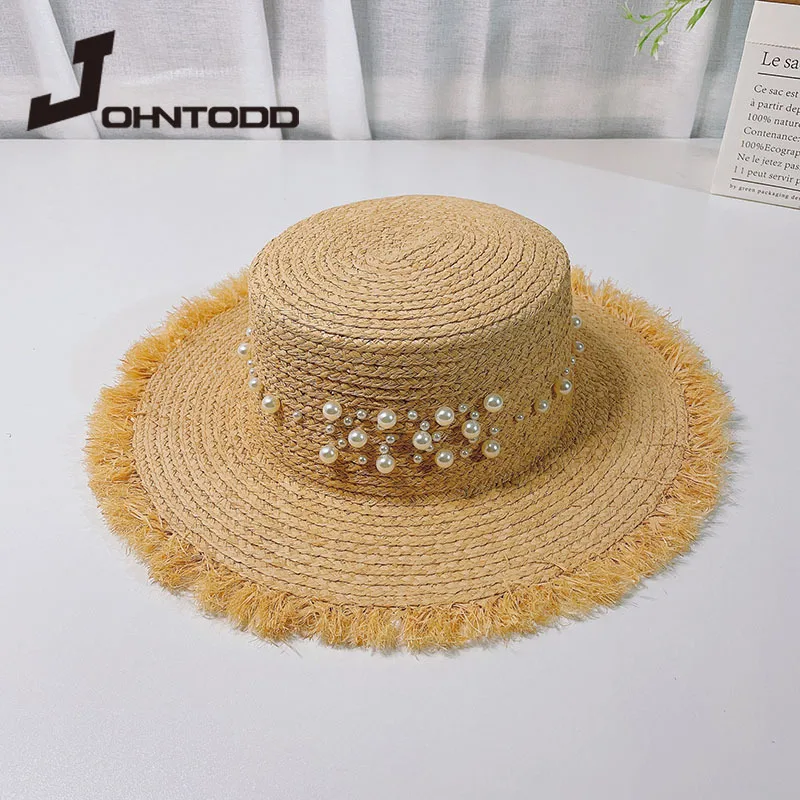 

2021 Fashion Summer Women Handmade Ladies Pearl Sun Hat Outdoors Beach Holiday Raffia Panama Straw Cap Big Brim Flat Sunhats