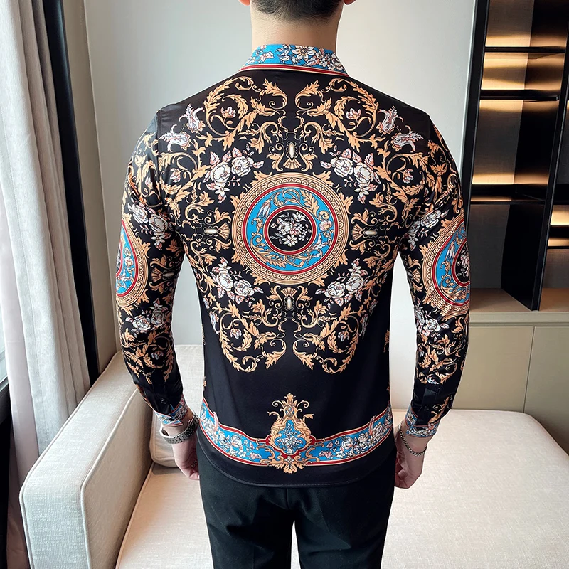 Brand Designer Men Floral Shirt Dress Luxury Paisley Print Long Sleeve Casual Shirts Blouse Homme Fashion Baroque Mens Clothing