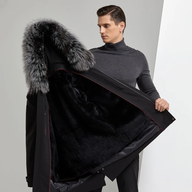 Fashionable high-end Italy style real rabbit fur lining coats real fox fur collar jacket winter men parkas have pockets