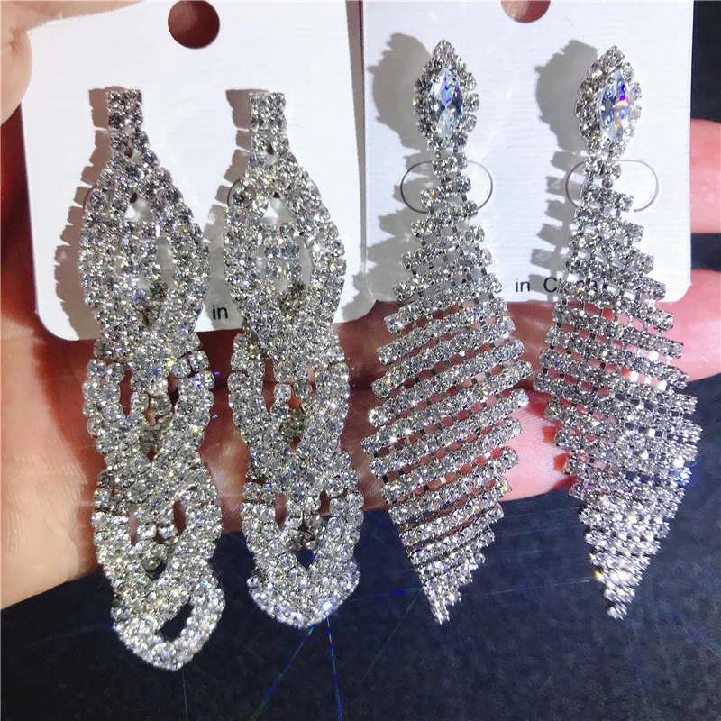 Wholesale 12 Pairs/Lots Bulk Crystal Zircon Long Tassel Earrings Big Drop Dangle Wedding Bridal Big Earrings for Women Jewelry