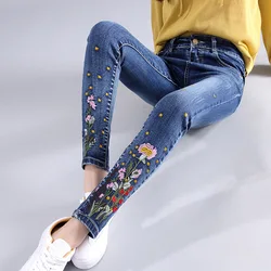 Women Jeans Woman Push Up High Waist Stretch Skinny Pencil Denim Pants Spring Summer Mom Blue Floral Embroidered Trousers