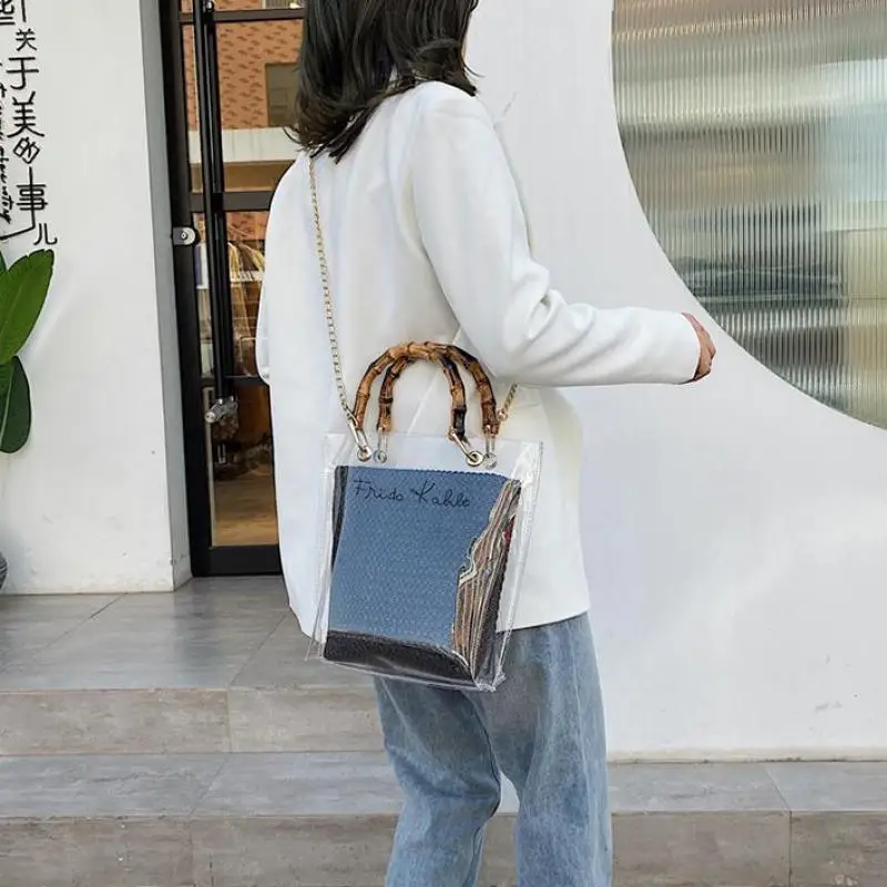 Ainyfu Slub Handvat Transparante Tassen Voor Vrouwen 2022 Zomer Reizen Schouder Messenger Handtassen Lady Strand Crossbody Tas D145