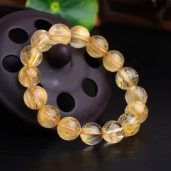 Natural Gold Rutilated Quartz Titanium Bracelet Woman Man Brazil Wealthy Beads 7mm 8mm 9mm 10mm Jewelry Bangle AAAAAA