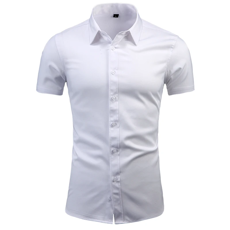 Anti-rugas não-engomar elasticidade ajuste fino vestido masculino casual camisa de manga curta branco preto azul vermelho masculino social formal camisas