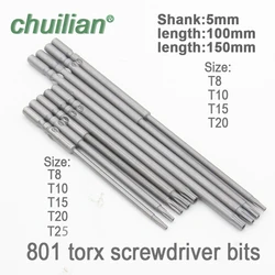 1Pc 801 length 100mm 150mm T7-T20 Torx Screwdriver Bit Set 5mm Round Shank Electric Screwdriver Bits Hand Tools