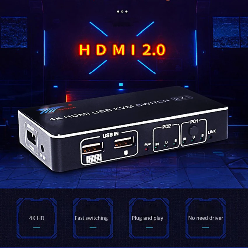 Adaptador para mouse e teclado com 2 portas hdmi, usb, kvm 4k, 60hz, rgb/yuv 4:4:4, hdr, hdmi 2.0, 2x1 para compartilhamento de impressora