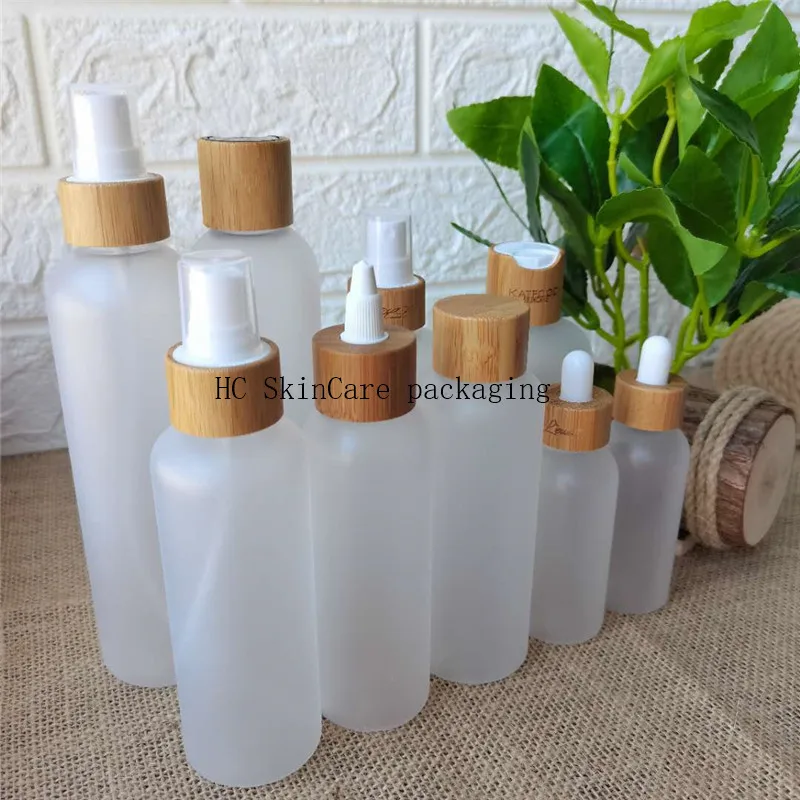 60ml 120ml 150ml  mist spray bottle pet  clear plastic bottle sprayer for cosmetic with bamboo wood cap lotion pump dispenser