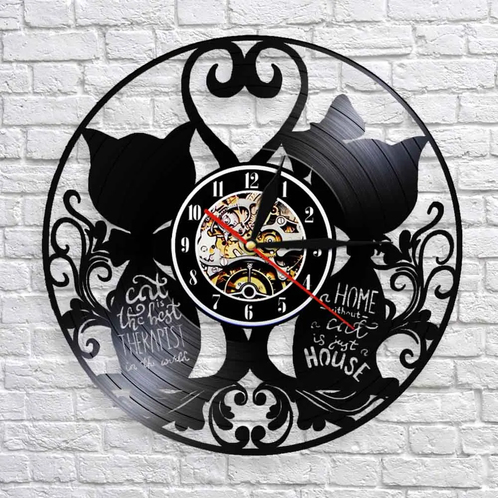 Cats Couple Wall Clock Modern Design Kitty Kitten Vinyl Record Clock Pussy Hanging Watch House Pet Wall Decor Cat Lover Gift