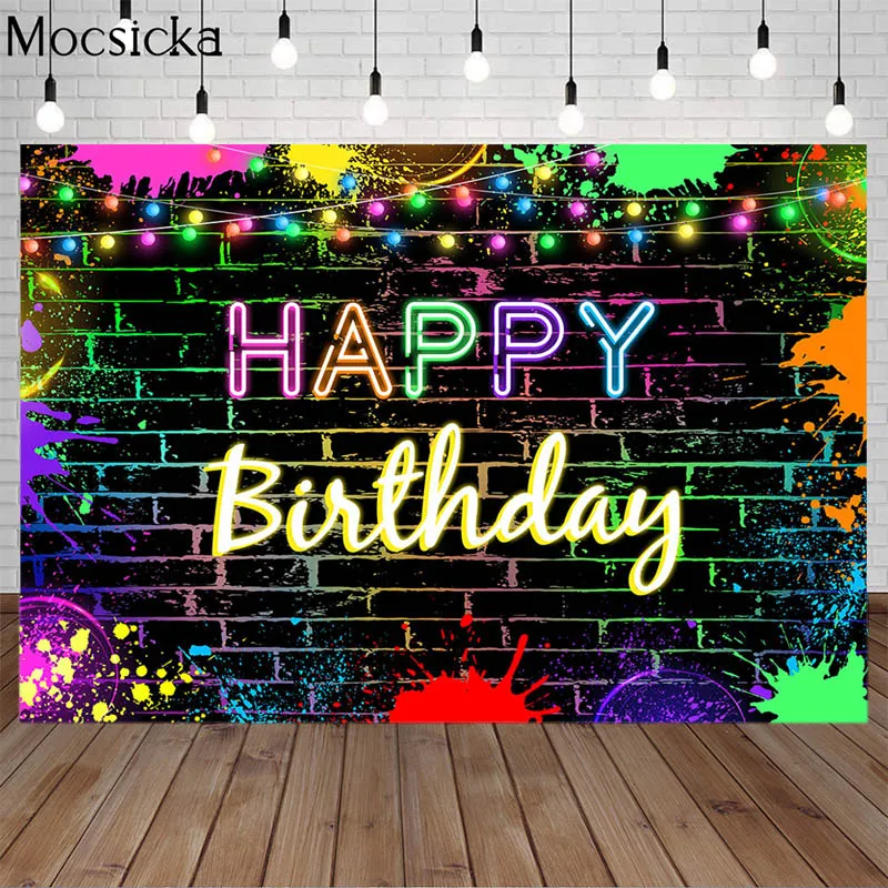 

Moscicka Happy Birthday Party Backdrop Graffiti Brick Wall Laser Fluorescence Prom Decor Banner Photography Background Photocall