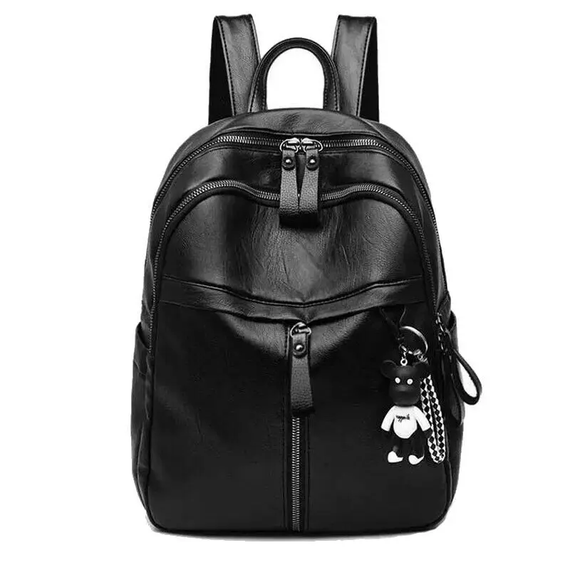 Fashion PU Leather Women Backpack Female Black Backpacks Zipper Bags Student Solid Rucksack For Girls With bear Pendant