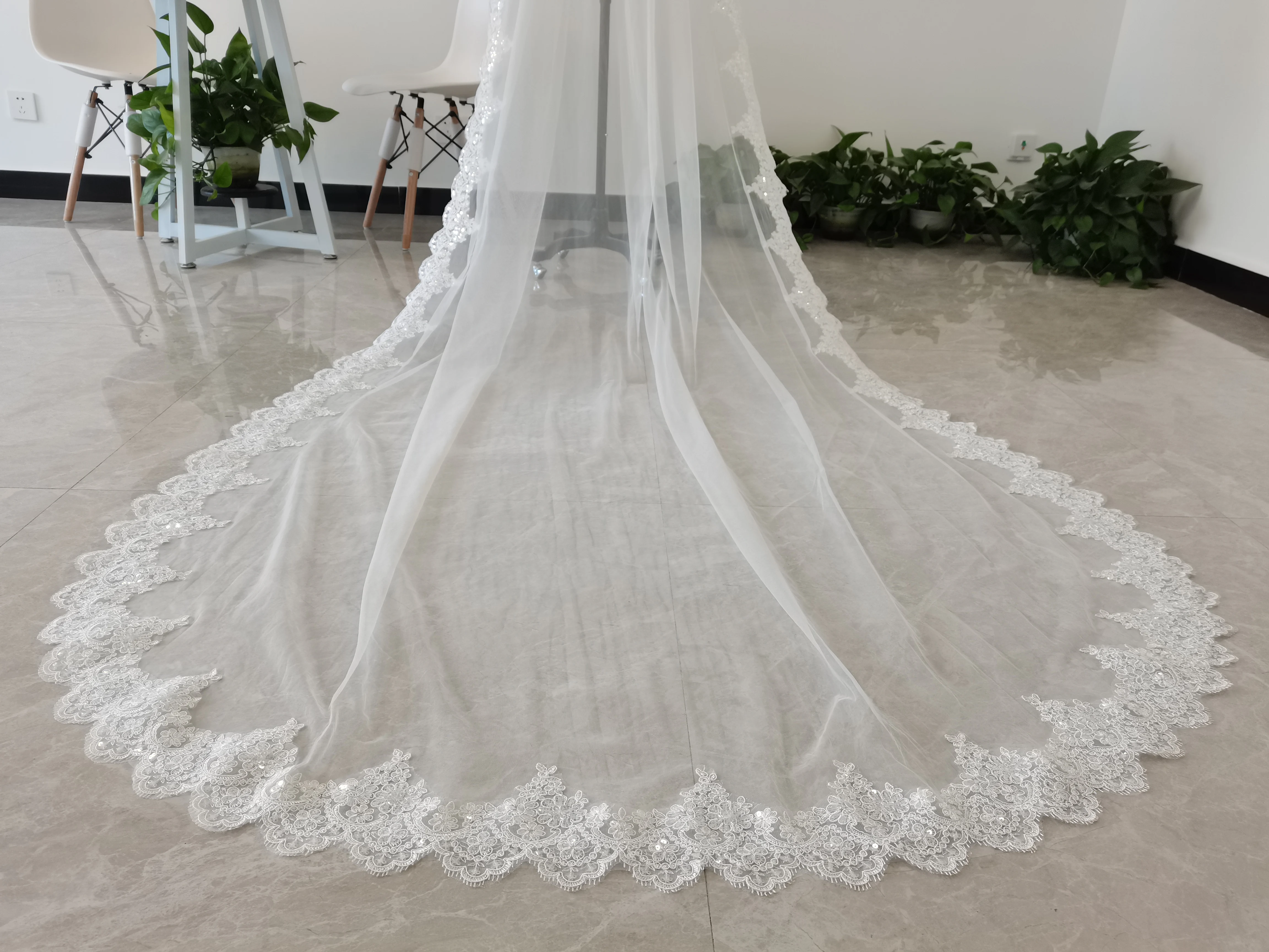 Voile de mariage blanc ou ivoire, une couche, en dentelle, paillettes, brillant, pour mariage