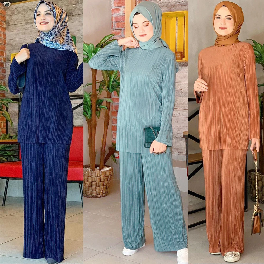 

Middle East Dubai Muslim Women Sets Tops Pants Loose Arab Abaya Islamic Clothing Turkey Malaysia Kaftan Ramadan Hijab Outfits