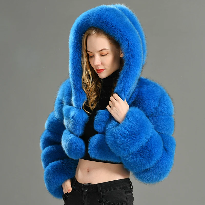 Jaxmonoy Woman's Real Fox Fur Coats Hooded Winter Natural Fox Fur Jacket Female Short Style zipper Ladies Genuine Fur Coat Fall