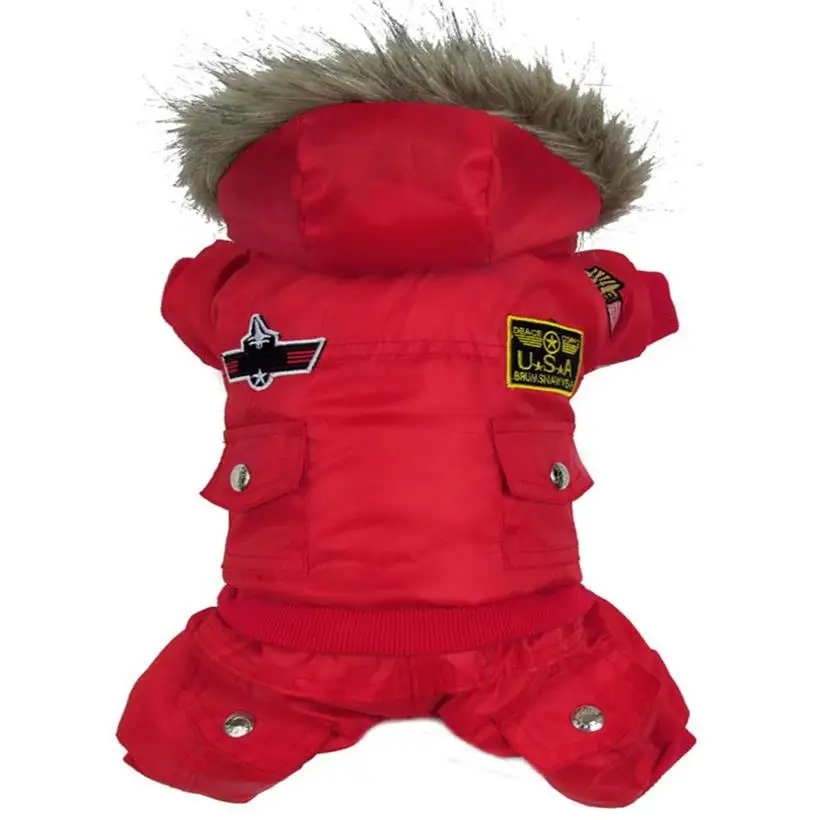 Red USA Airman Style Pet Dogs Coat Warm Small Dog Apparel Fleece Winter Coat Snowsuit Hooded Jumpsuit Waterproof Clothing