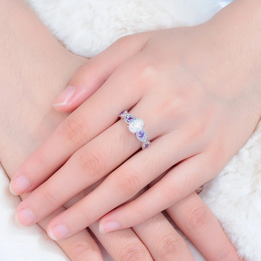 CiNily White Fire Opal Oval Stone Rings Silver Plated Lilac Purple Zirconia Crystal Engagement Wedding Fully-jewelled BOHO Woman