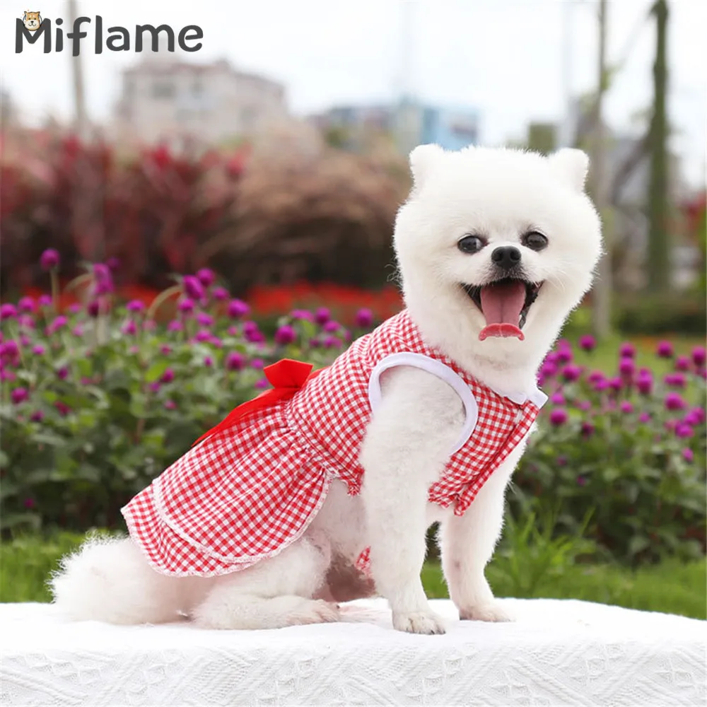 Miflame Plaid Dog Dress Summer Pet Fancy Dress Bowknot Puppy Clothes For Dogs Dresses Sweet Pet Clothes Pomeranian Spitz Skirts