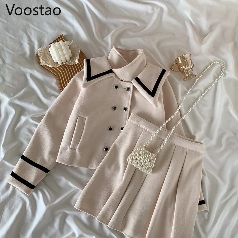 Autunno inverno donna dolce lana Set 2 pezzi stile Preppy elegante colletto alla marinara cappotto top vita alta Mini gonne a pieghe abito