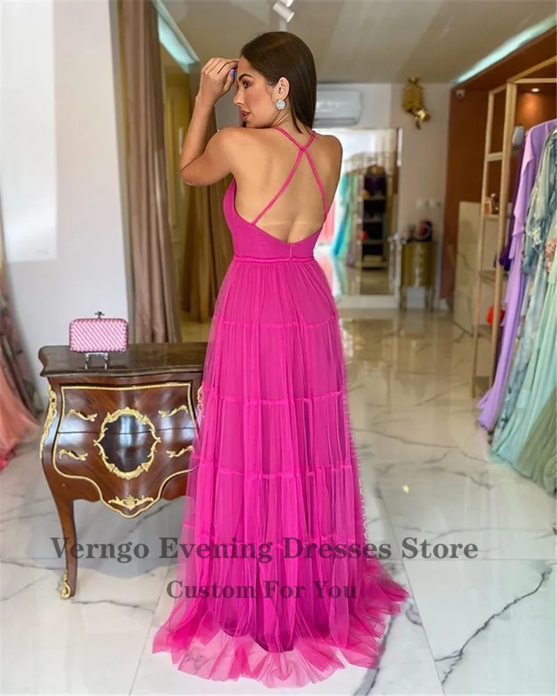 Verngo 2021 Hot Pink Tulle A Line abiti da ballo lunghi Sexy Halter Criss Cross Backless lunghezza del pavimento abiti da sera per occasioni