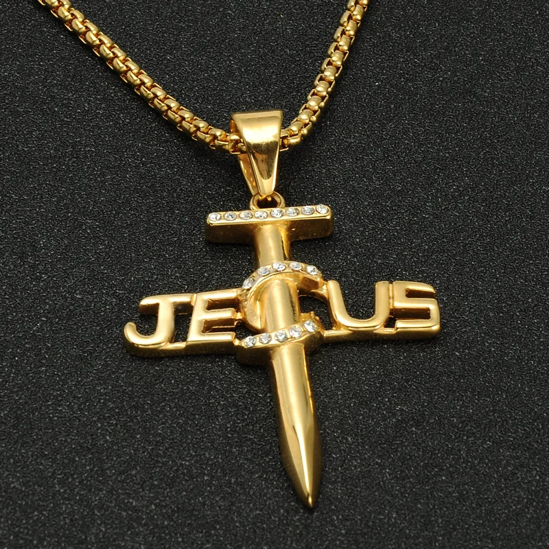 

Personality Gold Plated Cross Nails Jesus Necklace Religious Jewelry Motorcycle Party Men Women Punk Chain Biker Hip Hop Jewelry