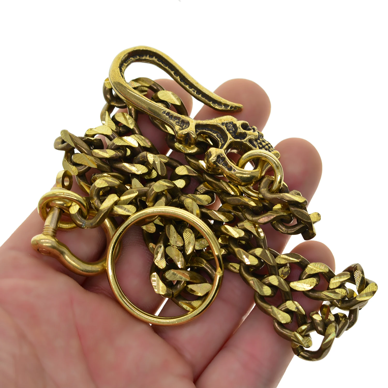 unqiue heavy large Brass cuban link wallet jean trousers biker chain D shackle antique brass skull hook keychain FOB