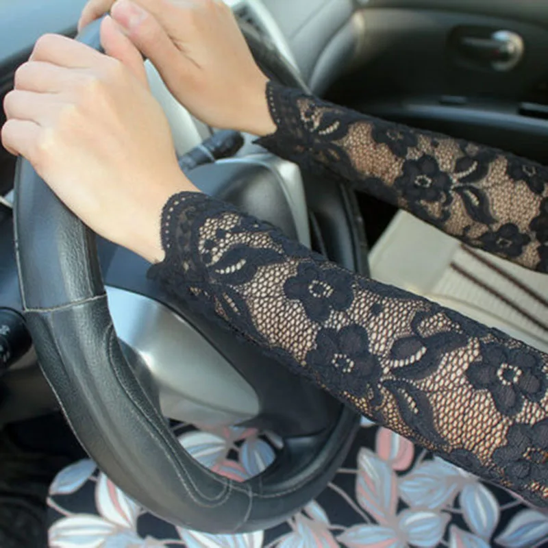 Summer Ice Silk Long Driving Arm Sleeves Sexy Lace Hollow Thin Elastic Women Cycling Anti-UV Covering Scars Sunscreen Gloves M55