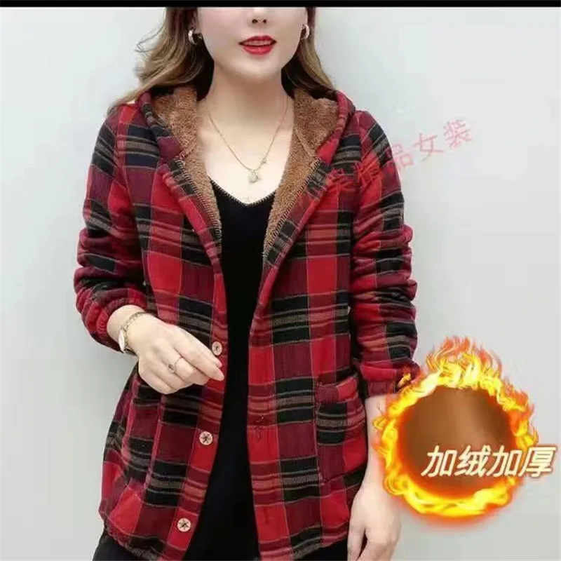 2022 New Hooded Autumn Winter Ladies Jacket Fashion Add Velvet Short Women\'s Coatlattice Single-Breasted Loose Outerwear
