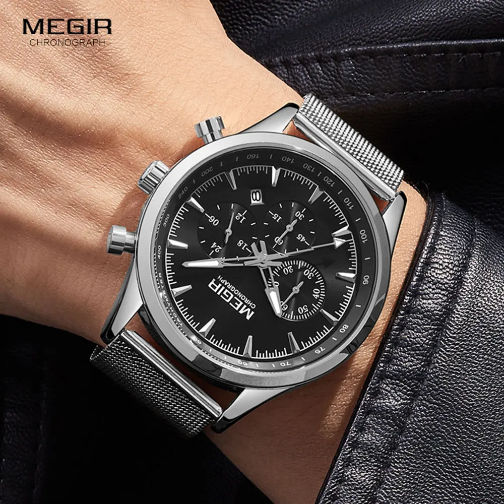 MEGIR Men\'s Watches Fashion Stainless Steel Mesh Strap Chronograph Quartz Watch Man Luxury Waterproof Luminous Wristwatch 2153