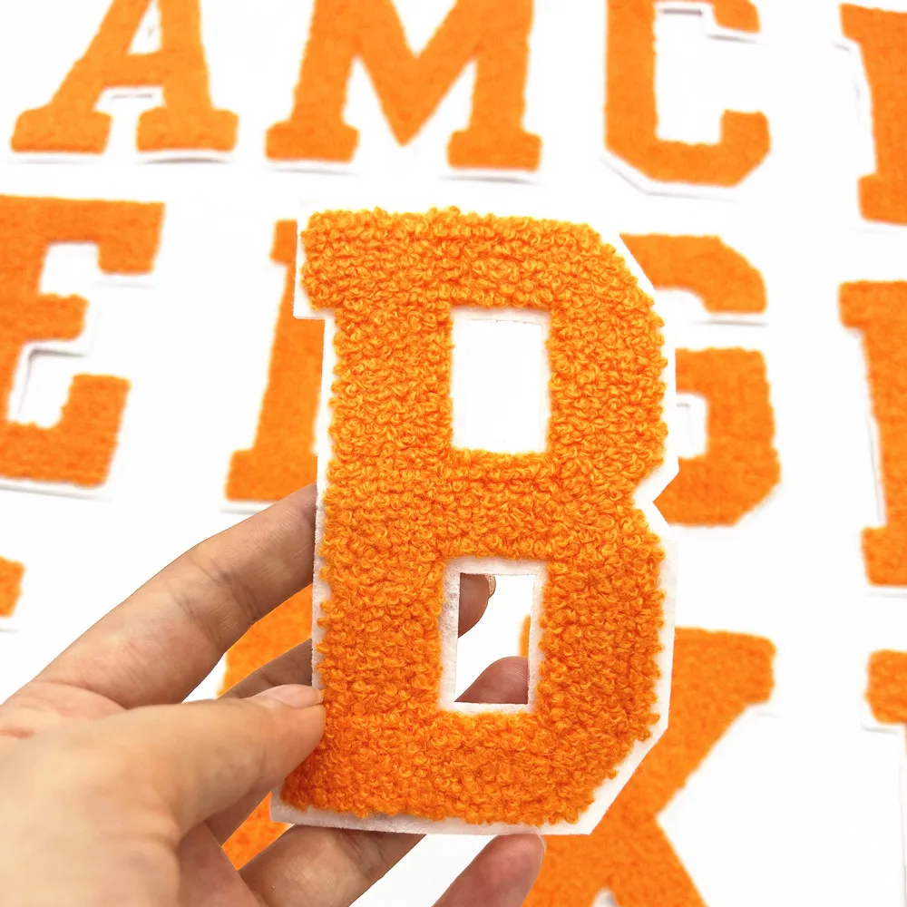 Orange Towel Letter Chenille Embroidered Iron On Patch Applique Diy Name Badge Alphabet Patches For Kid Clothing Bag Accessories