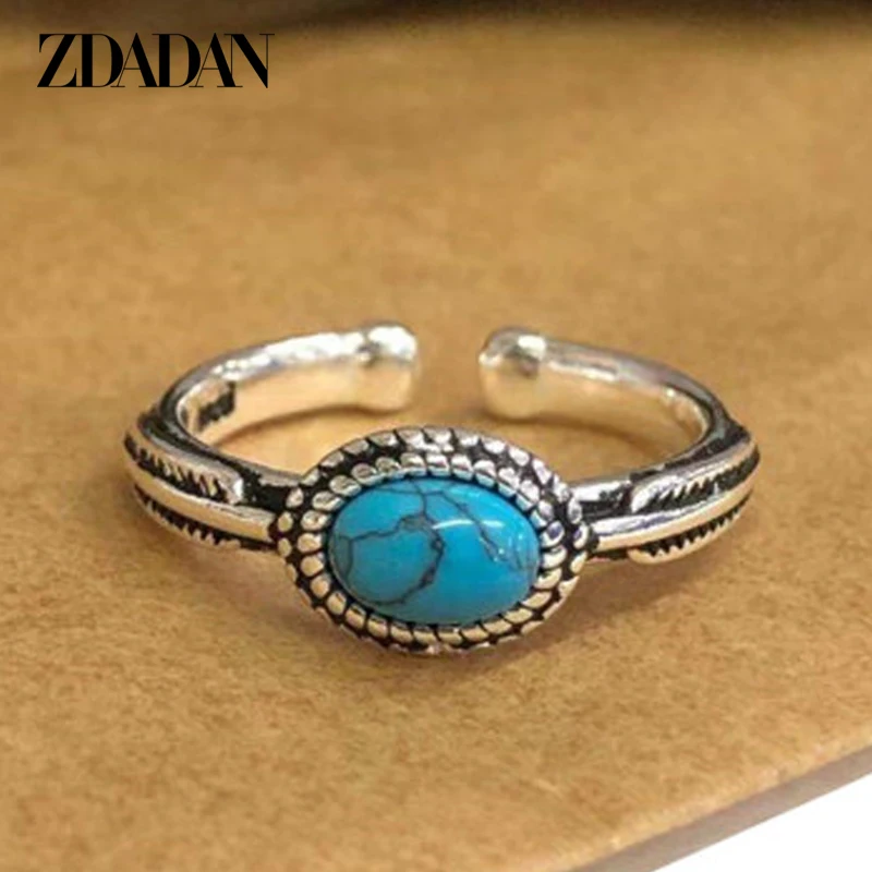 

ZDADAN 925 Silver Blue Turquoise Rings For Women Carved Vintage Sterling Silver Jewelry