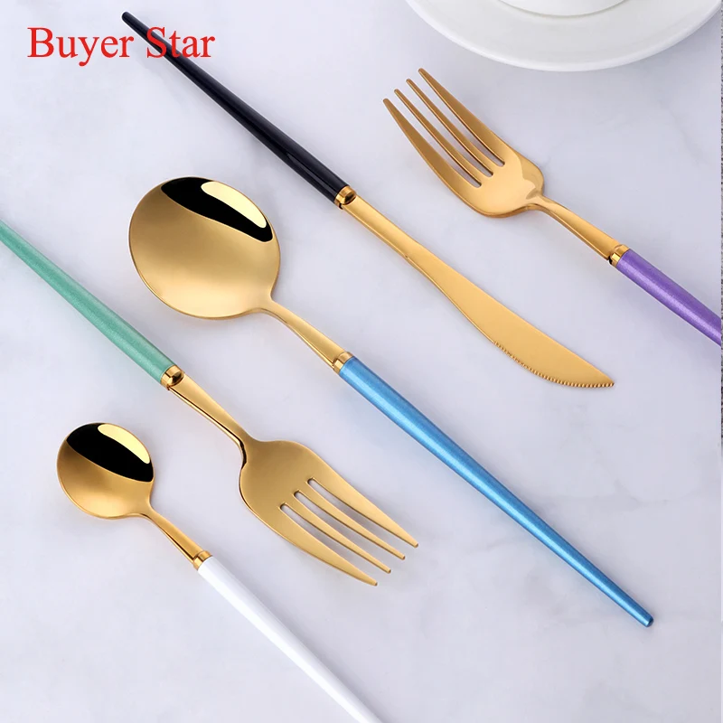 Colorful Luxury Flatware 18/10 Stainless Steel Cutlery Set Green Gold Dinnerware Home Fork Spoon Knife Kitchen Tableware Set