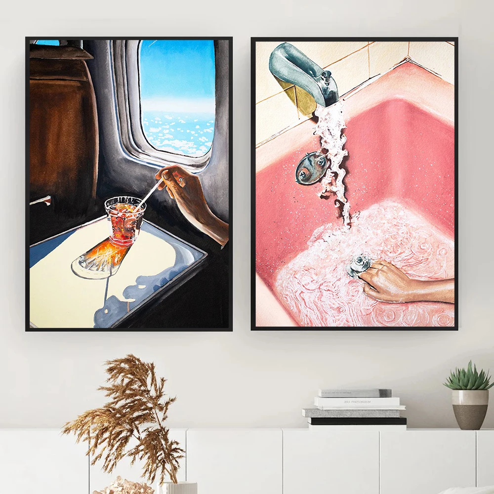 

Glass in Airplane Art Print Retro Mid Century Mad Men Painting Poster Vintage Pink Bathroom Wall Picture for Living room Decpr