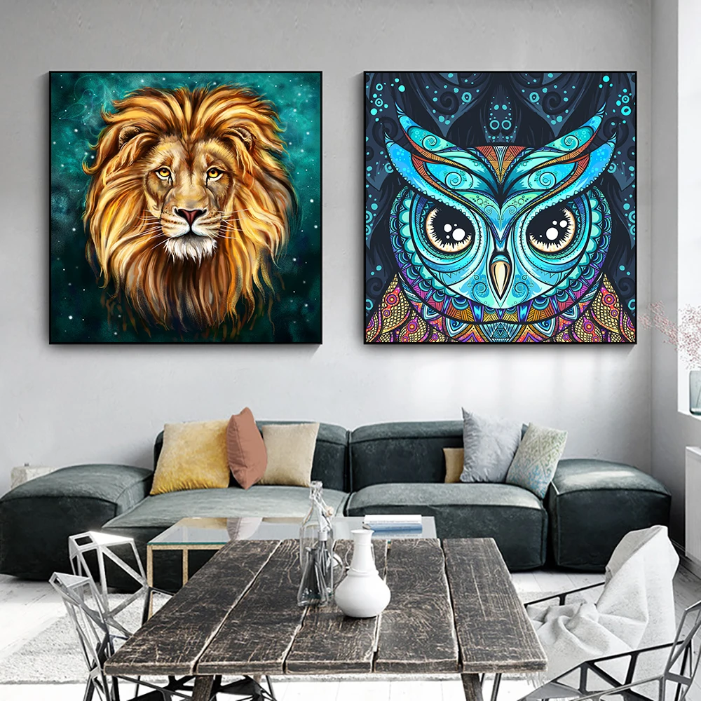 

Abstract Owl Lion Canvas Painting Nordic Cartoon Animal Wall Art Posters And Prints For Kid Room Living Room Home Decoration