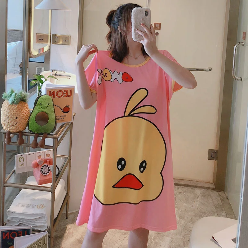 Summer Night Wear Loose Thin Youth Nightdress Cartoon Printed Sleep Wear Short Sleeve Casual Girls Students Sleepwear Loungewear