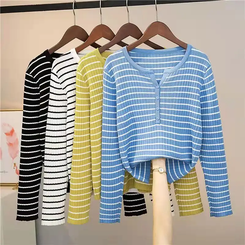 

TuangBiang Button V-Neck Blue White Striped Pullovers 2022 Soft Sweater Women Stretched Jumpers Autumn Casual Loose Knitted Tops